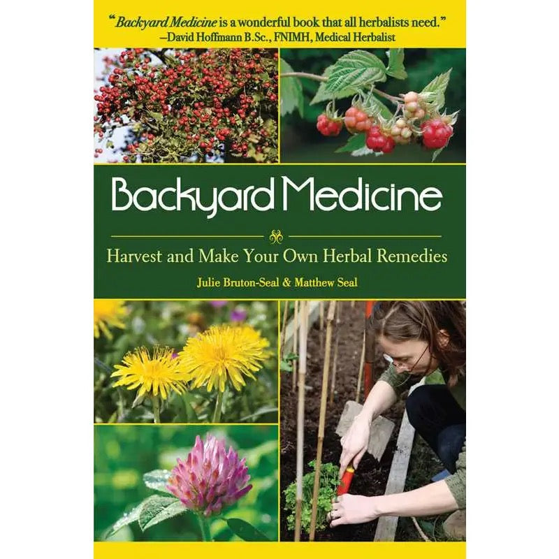 Book cover of 'Backyard Medicine' with images of herbs and a person gardening.