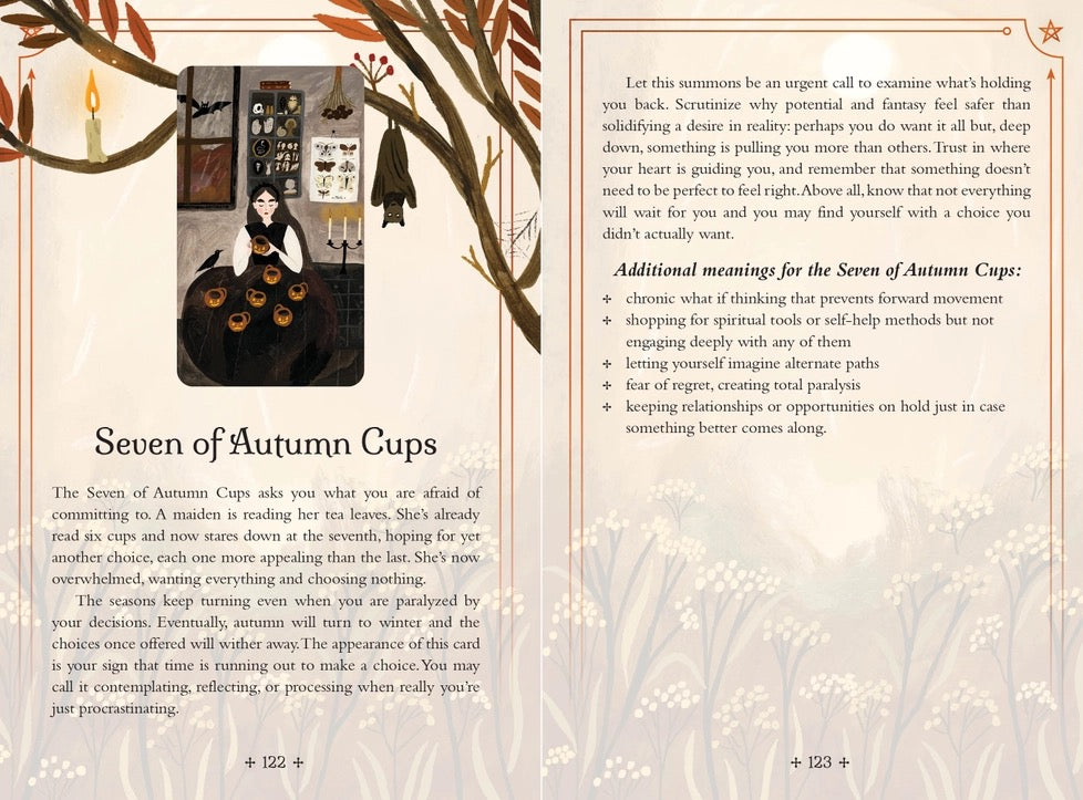 A printed page from a book or booklet featuring a decorative illustration of a woman in a white dress standing in a garden with autumn leaves, alongside columns of text titled 'Seven of Autumn Cups' and explanatory copy about the Seven of Autumn Cups.