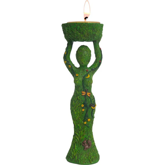 Decorative candle holder shaped like a person holding a basket on a white background