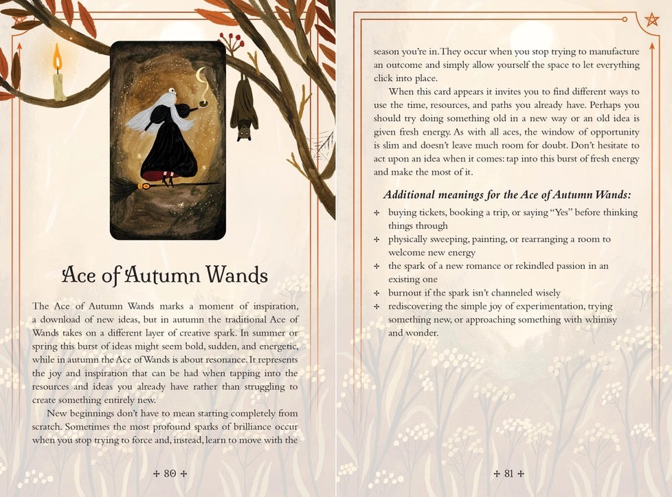 A vintage-style illustrated booklet or card page titled 'Ace of Autumn Wands,' showing a brown wand with a gold ring and a leafy autumn tree illustration, alongside printed text on a cream background with a thin decorative border.