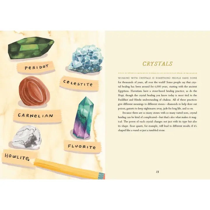An educational page about crystals, featuring labeled illustrations of gemstones including peridot, celestite, carnelian, fluorite, and howlite, alongside a yellow pencil and a short text section on the right.