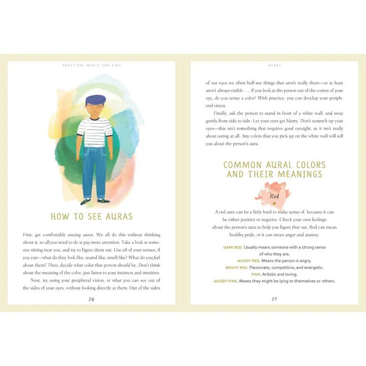 An open book spread showing printed pages with illustrated guidance on reading 'Auras' and common aural colors. The left page has a pastel illustration of a person and a flower, and the right page contains text sections with headings like 'How to See Auras' and 'Common Aural Colors and Their Meanings.