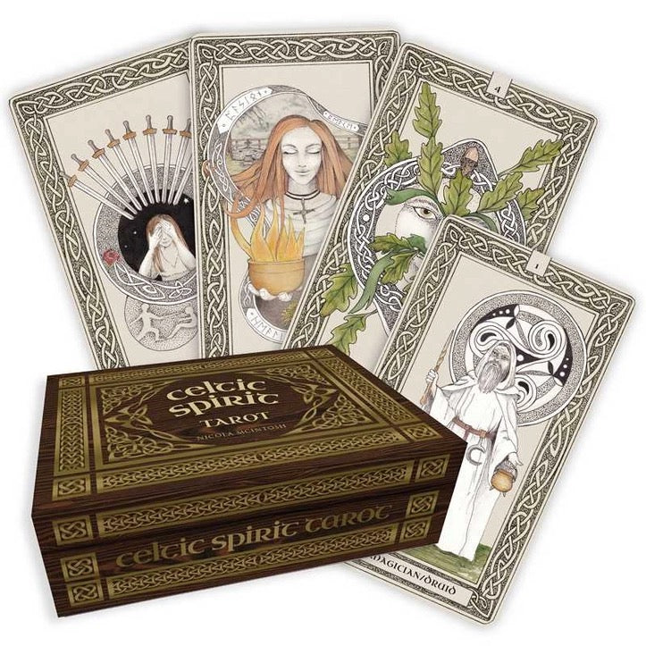 Celtic Spirit Tarot cards with a wooden box on a white background