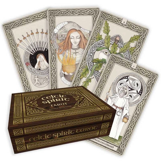 Celtic Spirit Tarot cards with a wooden box on a white background