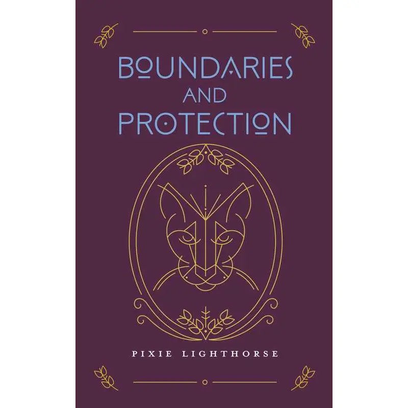 Book cover of 'Boundaries and Protection' by Pixie Lighthouse with a stylized animal face design on a purple background.