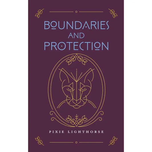 Book cover of 'Boundaries and Protection' by Pixie Lighthouse with a stylized animal face design on a purple background.