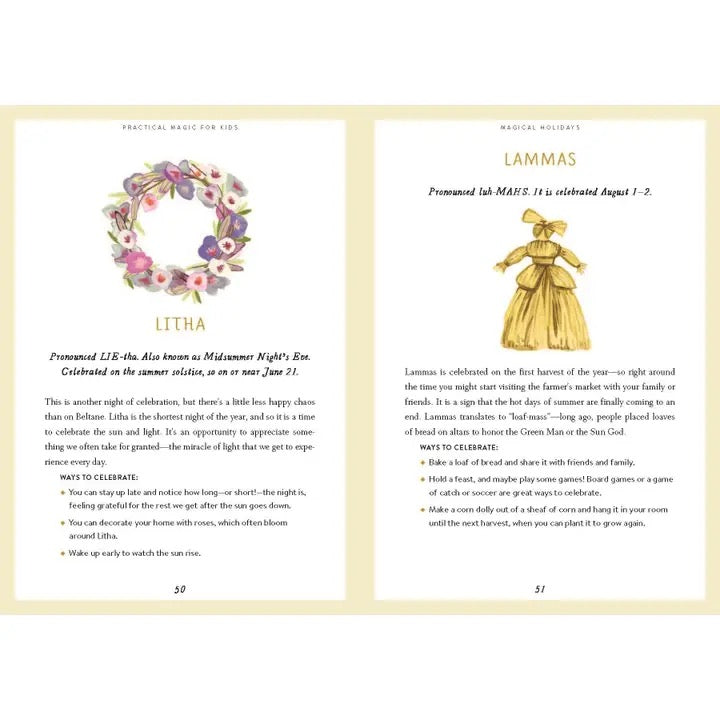 Two printed pages from a children's calendar or booklet spread open on a light beige background. The left page shows a decorative illustration of a floral wreath and the heading 'LITHA,' with short text below.