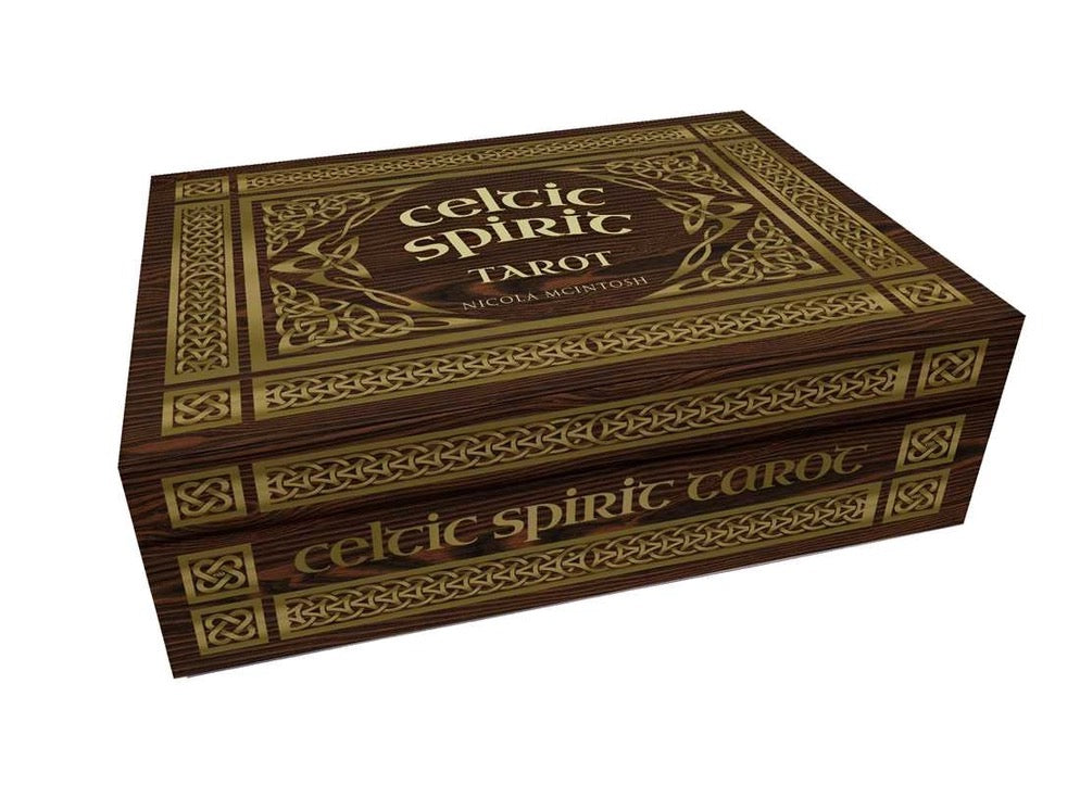 Wooden box with 'Celtic Spirit Tarot' text on a white background