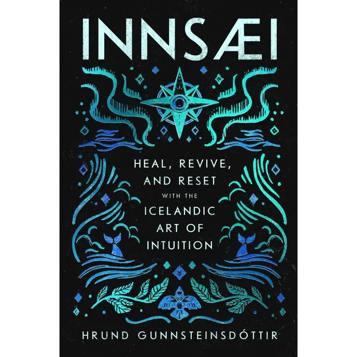 Book cover of 'Innsäei' with decorative text and symbols on a black background