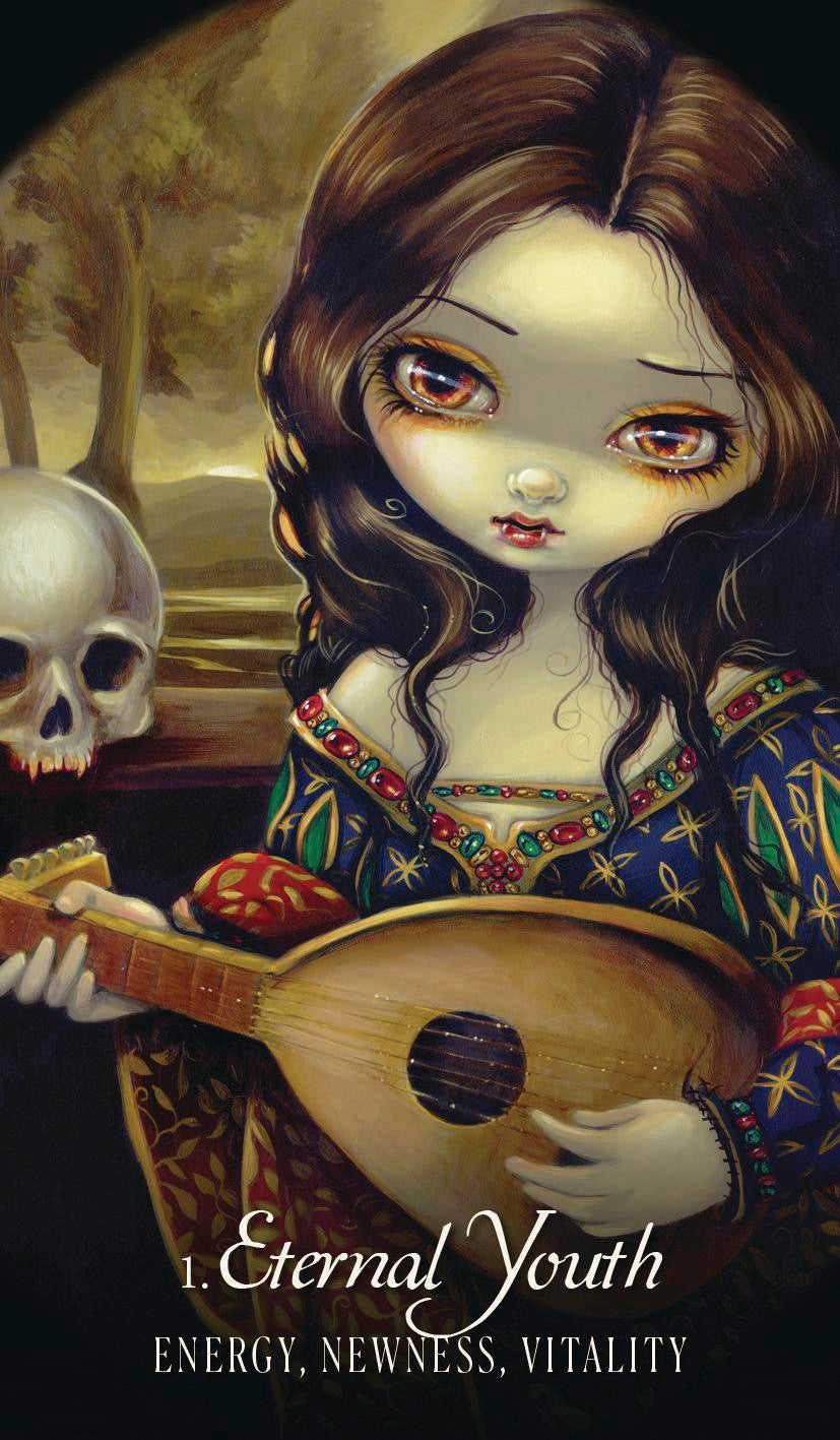 Artistic depiction of a woman with long brown hair holding a lute, with a skull in the background, titled 'Eternal Youth'.