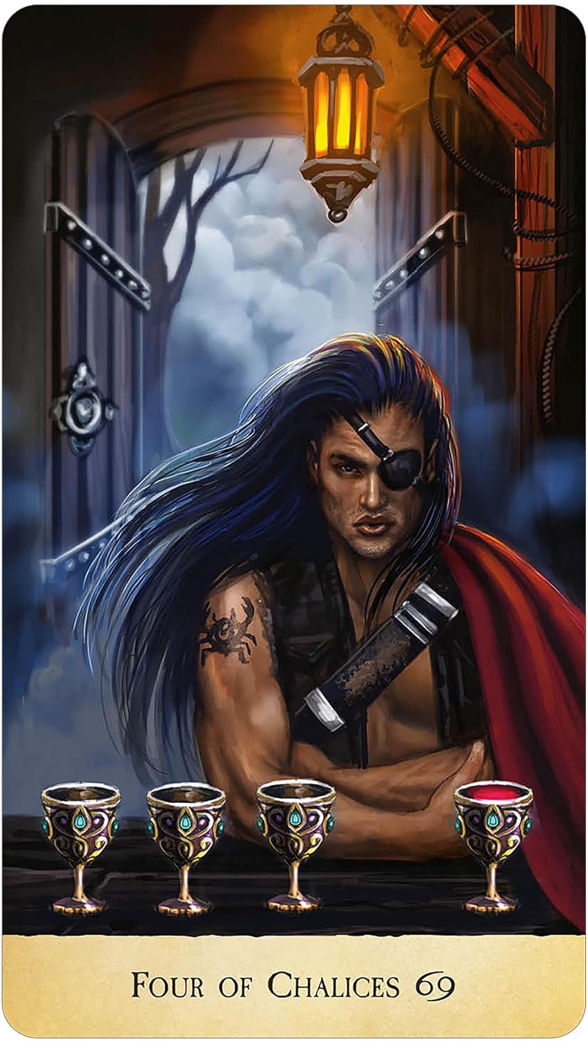 Card featuring a character with a eye patch and tattoos, surrounded by chalices in a dark, mystical setting.