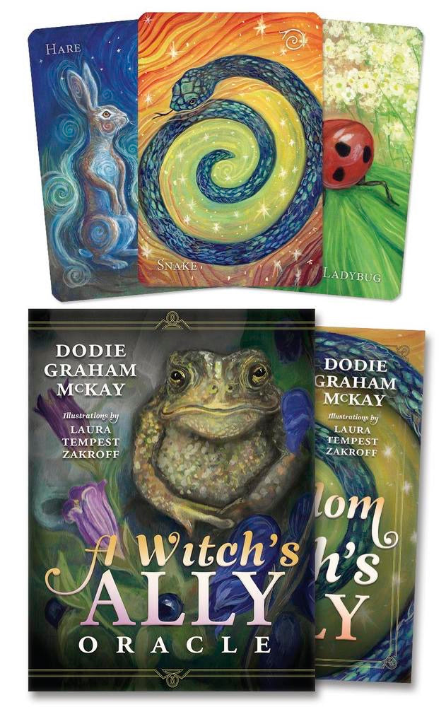 Oracle card set with illustrations of a hare, snake, ladybug, and frog, along with the book 'A Witch's Ally' by Dodie Graham McKay.