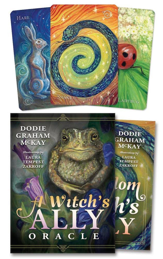 Oracle card set with illustrations of a hare, snake, ladybug, and frog, along with the book 'A Witch's Ally' by Dodie Graham McKay.