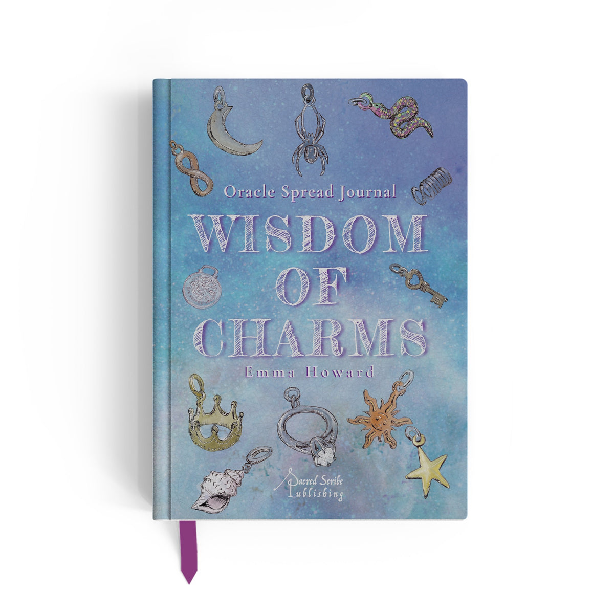 Wisdom of Charms Journal
A Guided Oracle Journal Featuring 66 Spreads for Intuitive Discovery by Emma Howard book cover blue with charms around.