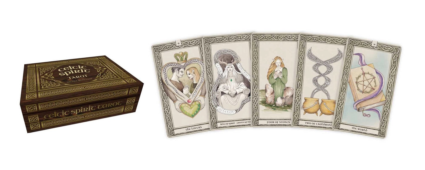 A tarot card deck box shown beside a fan of five illustrated cards on a plain white background. The box is dark brown with gold embossed lettering reading 'Oracle Card Deck.