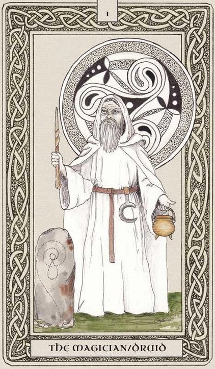 A tarot-style illustrated card titled 'The Magician/Druid' showing a robed figure with a long beard, holding a staff and a pot, with a stone in one hand, set within an ornate Celtic border.