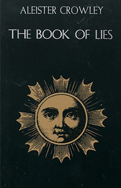 Book cover of 'The Book of Lies' by Aleister Crowley with a face within a sun design on a black background.