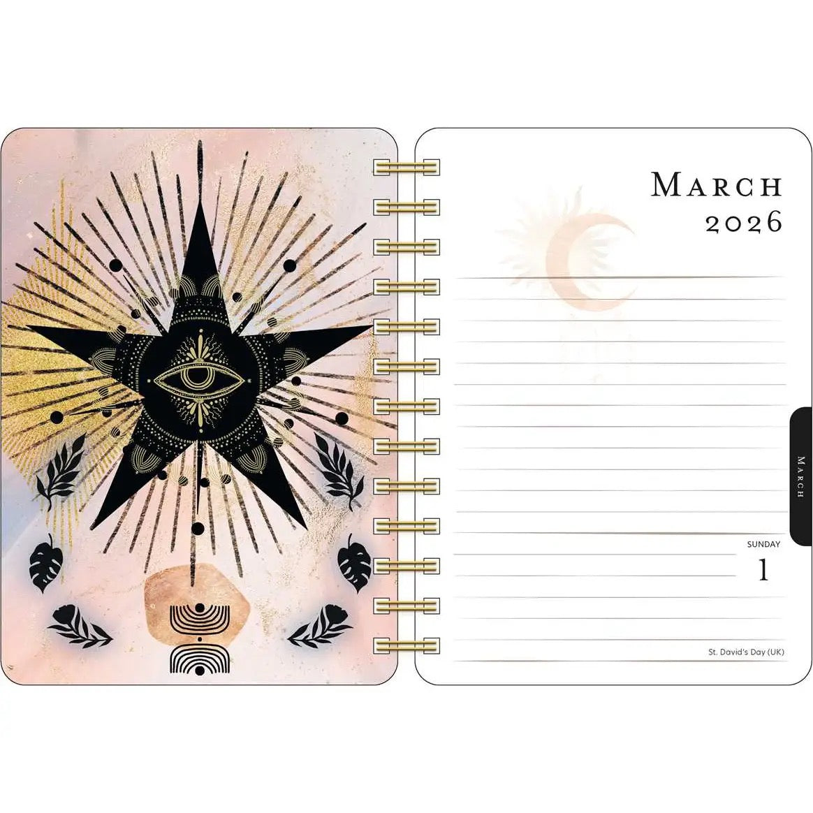Planner with star and eye design on cover, showing March 2026 page.