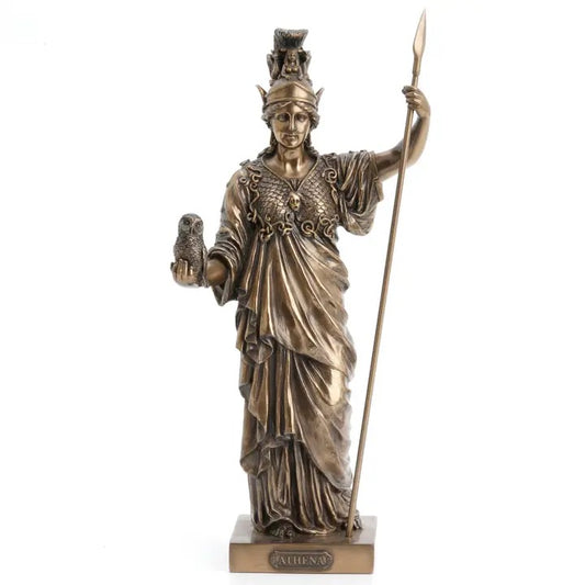 Bronze statue of a classical figure holding an owl and a spear on a white background