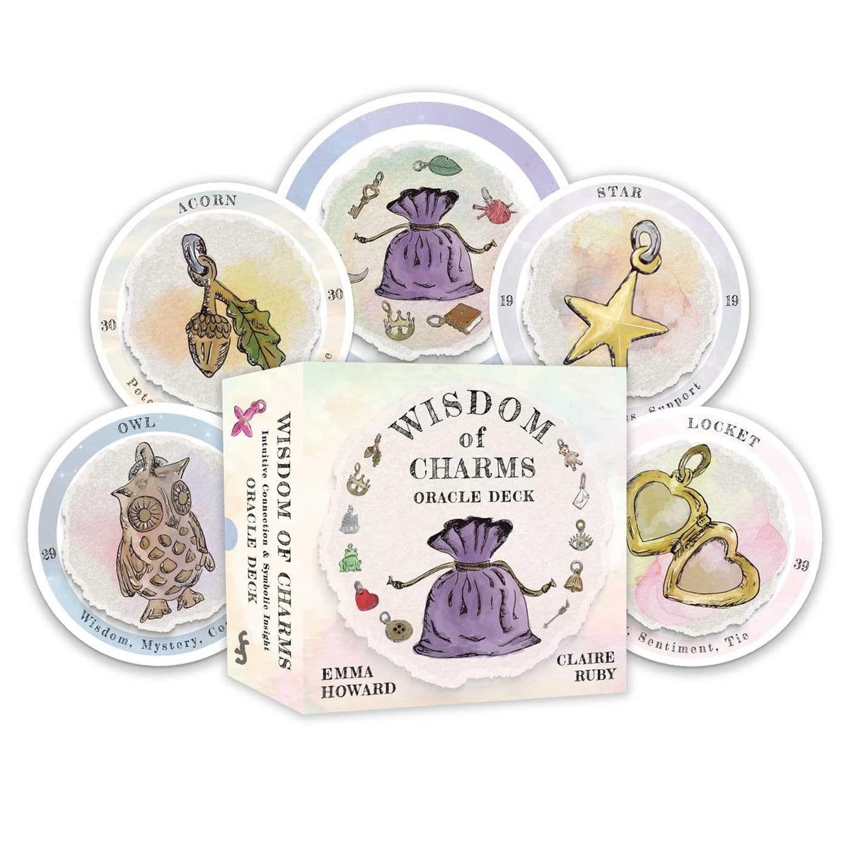Wisdom of Charms Oracle Deck: Intuitive Connection and Symbolic Insight Oracle deck box with 5 cards arrayed around with charms on.