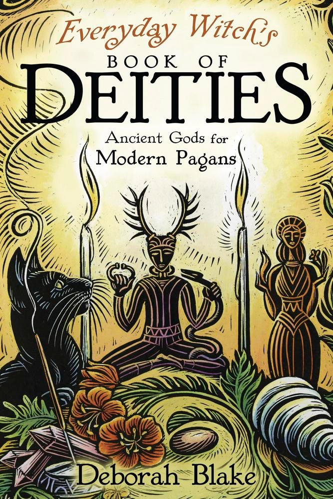 Book cover of 'Everyday Witch's Book of Deities' by Deborah Blake, featuring illustrations of deities and nature symbols.