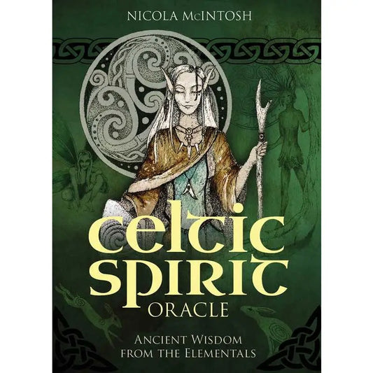 Book cover of 'Celtic Spirit Oracle' with illustrations and text on a green background