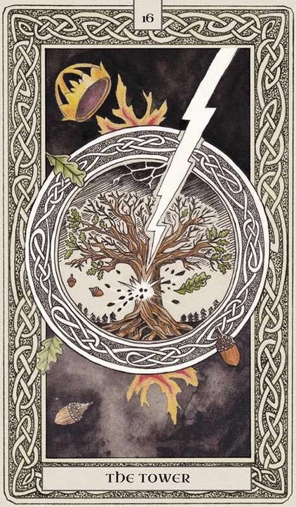Tarot card titled 'The Tower' with a central design of a tree and lightning bolt, surrounded by decorative elements.