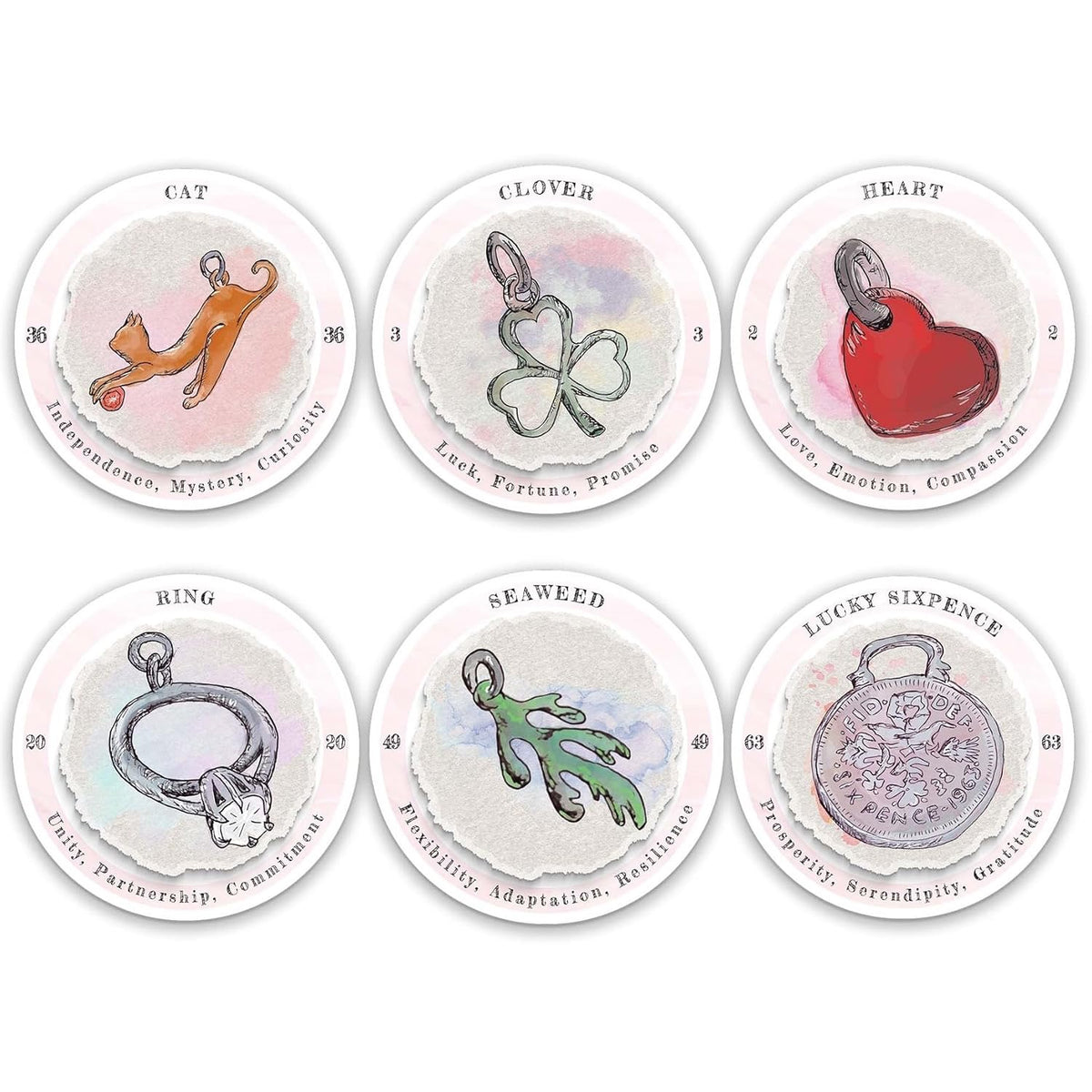 Sample round cards with charms on them
