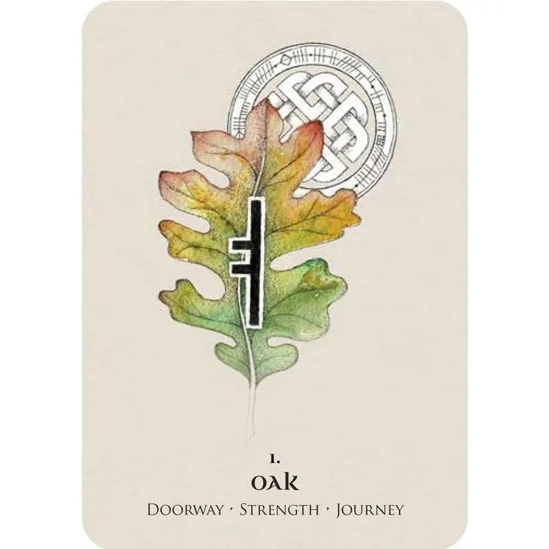Card with an oak leaf design and a symbol, on a beige background