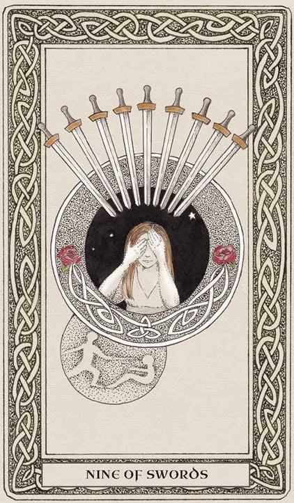 Nine of Swords tarot card with a woman covering her eyes and swords pointing upwards.