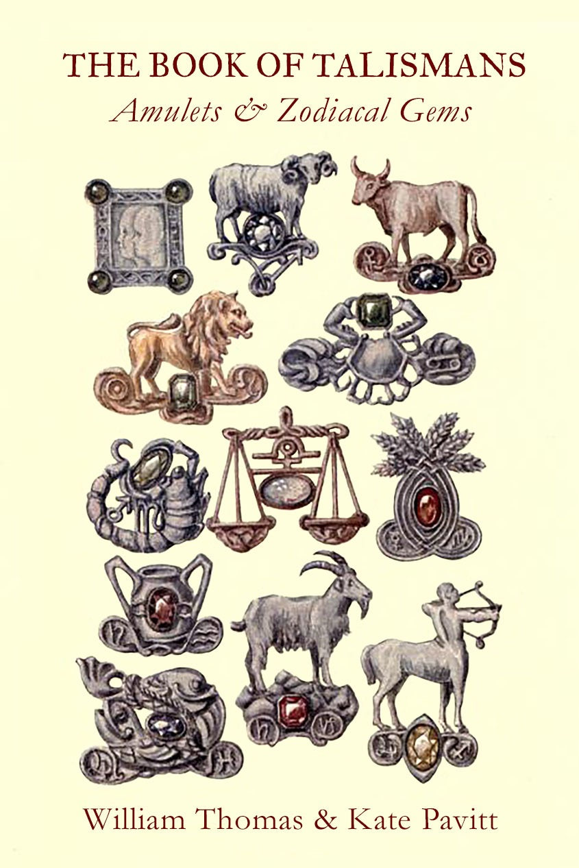Book cover of 'The Book of Talismans' with illustrations of amulets and zodiacal gems.