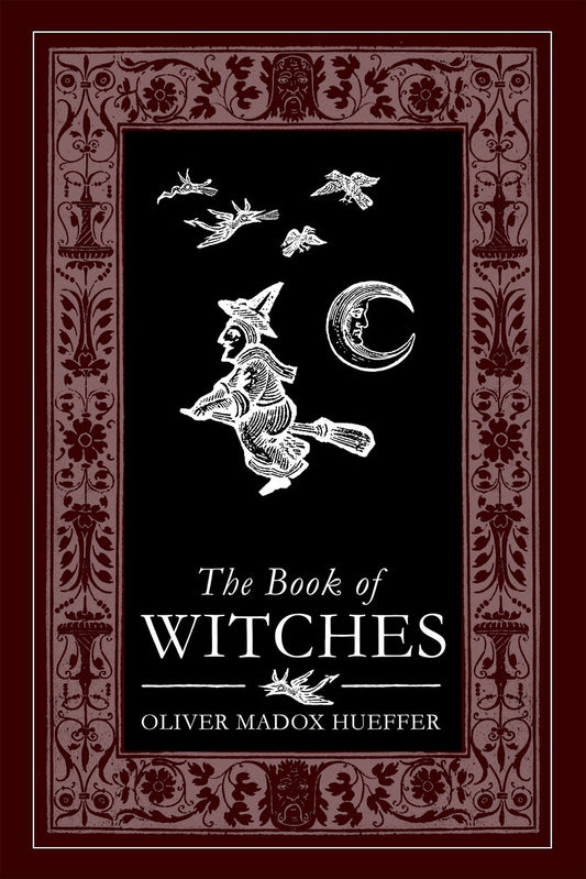 Book cover of 'The Book of Witches' with decorative border and illustrations of a witch and moon.