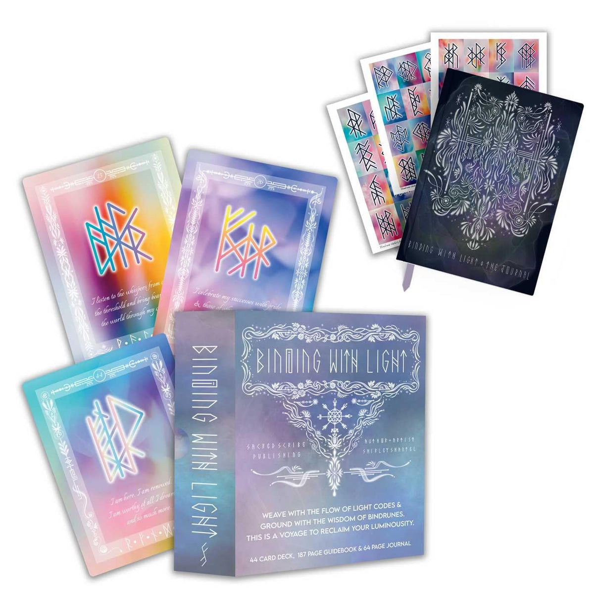 Binding with Light: A Sacred Journey to Reclaim Your Inner Light (44 Full-Color Cards, 187-Page Full-Color Guidebook, and 64-Page Journal) showing box and sample cards and book cover.