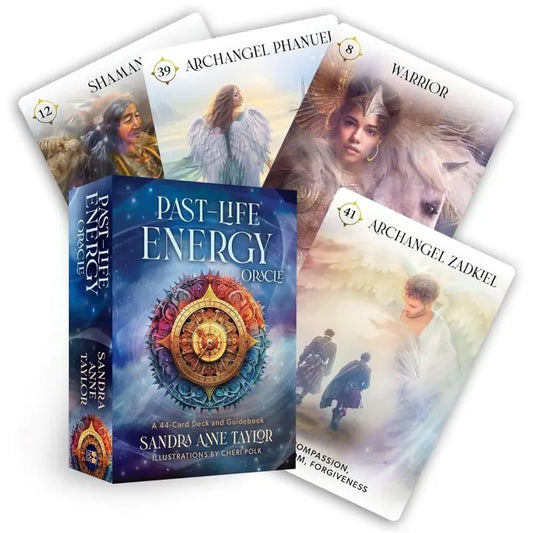 Past-Life Energy Oracle cards by Sandra Anne Taylor with card illustrations on a white background