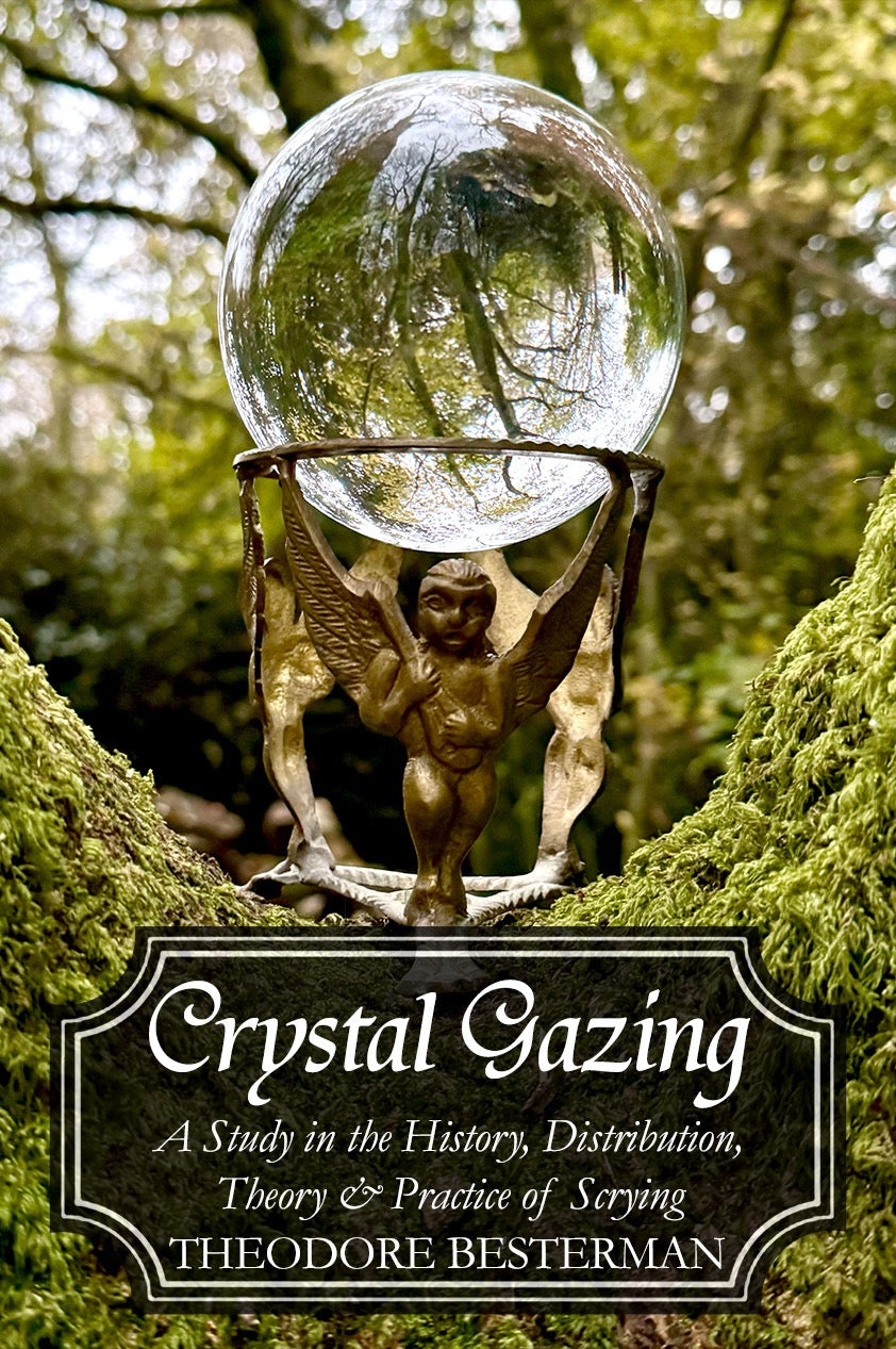 Statue of a cherub holding a crystal ball with a forest background, featuring the book 'Crystal Gazing' by Theodore Besterman.
