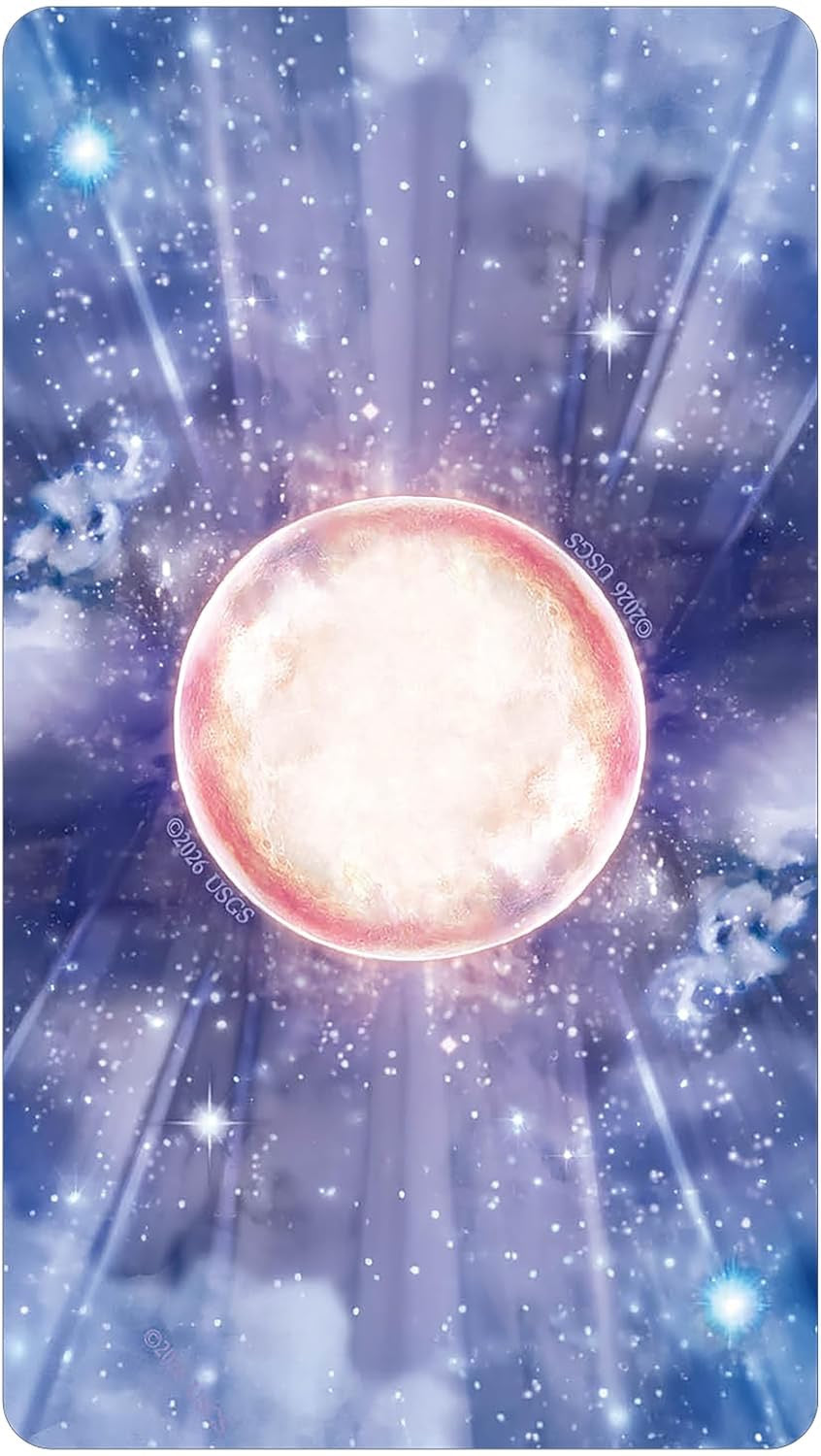 A square art print or card featuring a glowing white and pink orb surrounded by a starry purple and blue cosmic background with light rays. Back of cards.