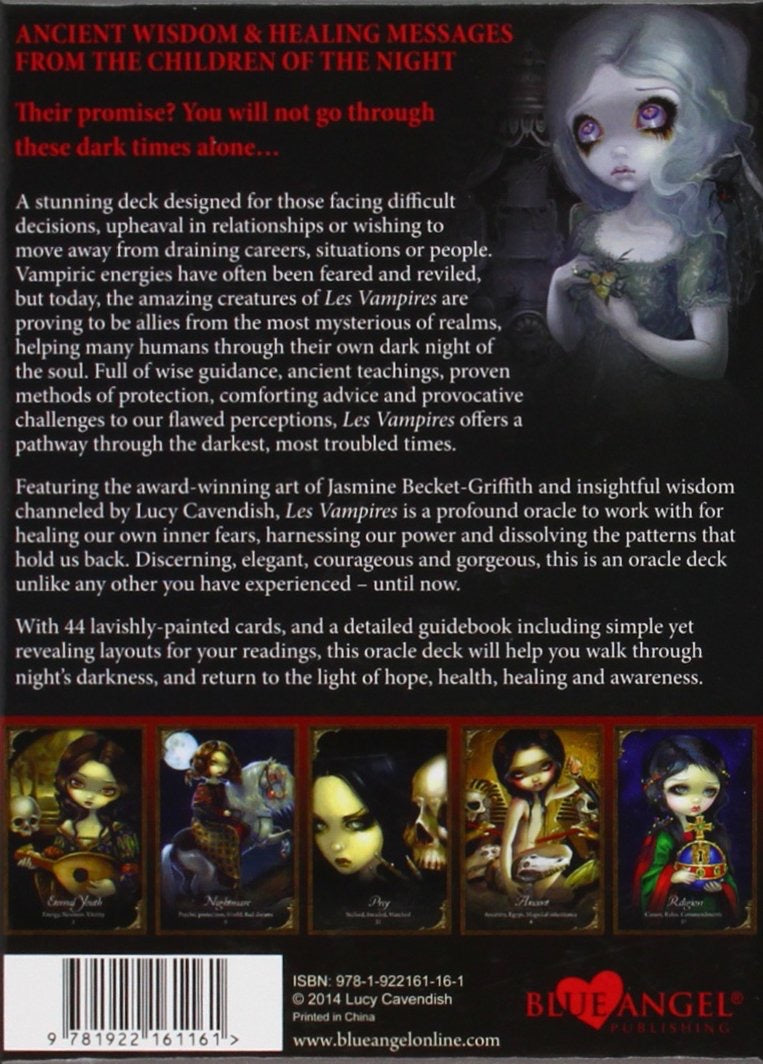 Back cover of a card deck packaging featuring artwork and text about 'Vampires' oracle cards.