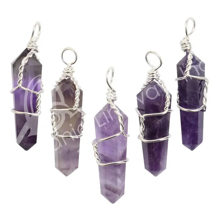 5 Pendant Amethyst Point Wire Wrapped on a white background.