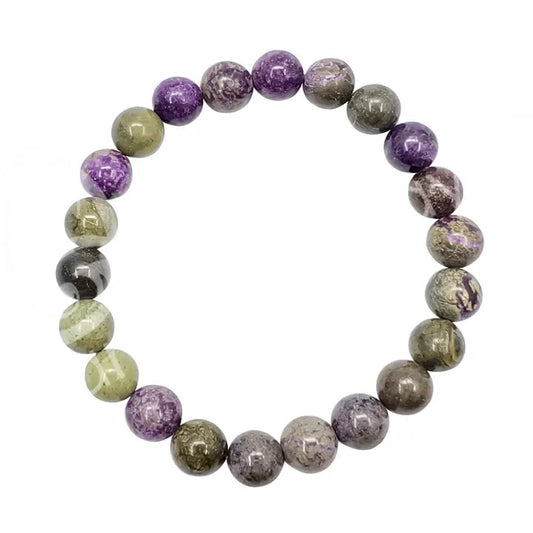 A beaded stretch bracelet made of polished round gemstone beads in purple, olive green, and gray, arranged in a circular shape on a plain white background.