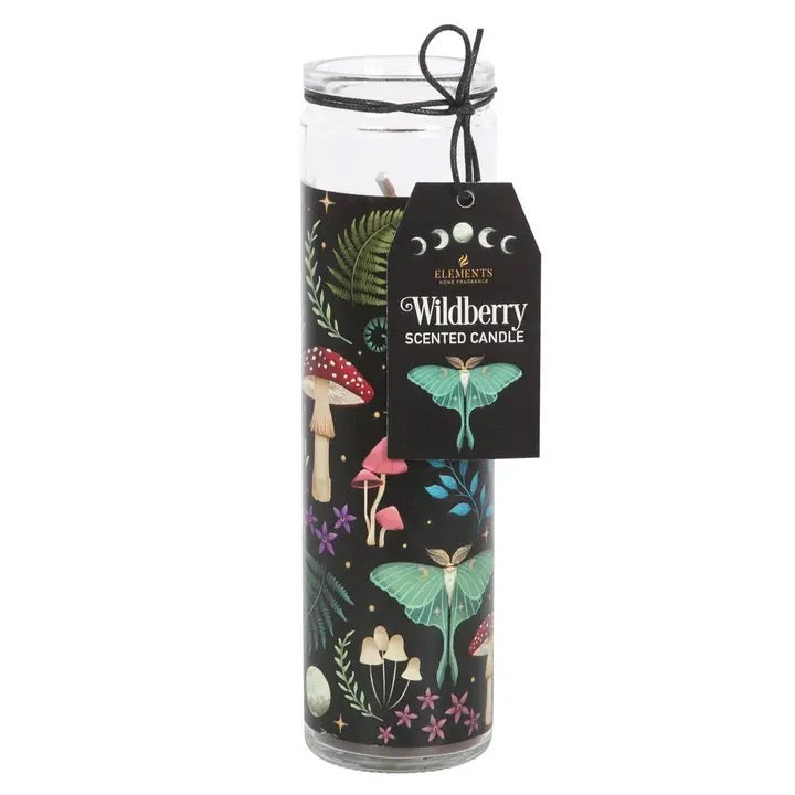 Decorative candle with nature-themed design and 'Wildberry' label on a white background
