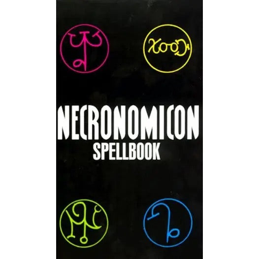A black Necronomicon Spellbook with white gothic text and four colored zodiac symbols in pink, yellow, green, and blue.