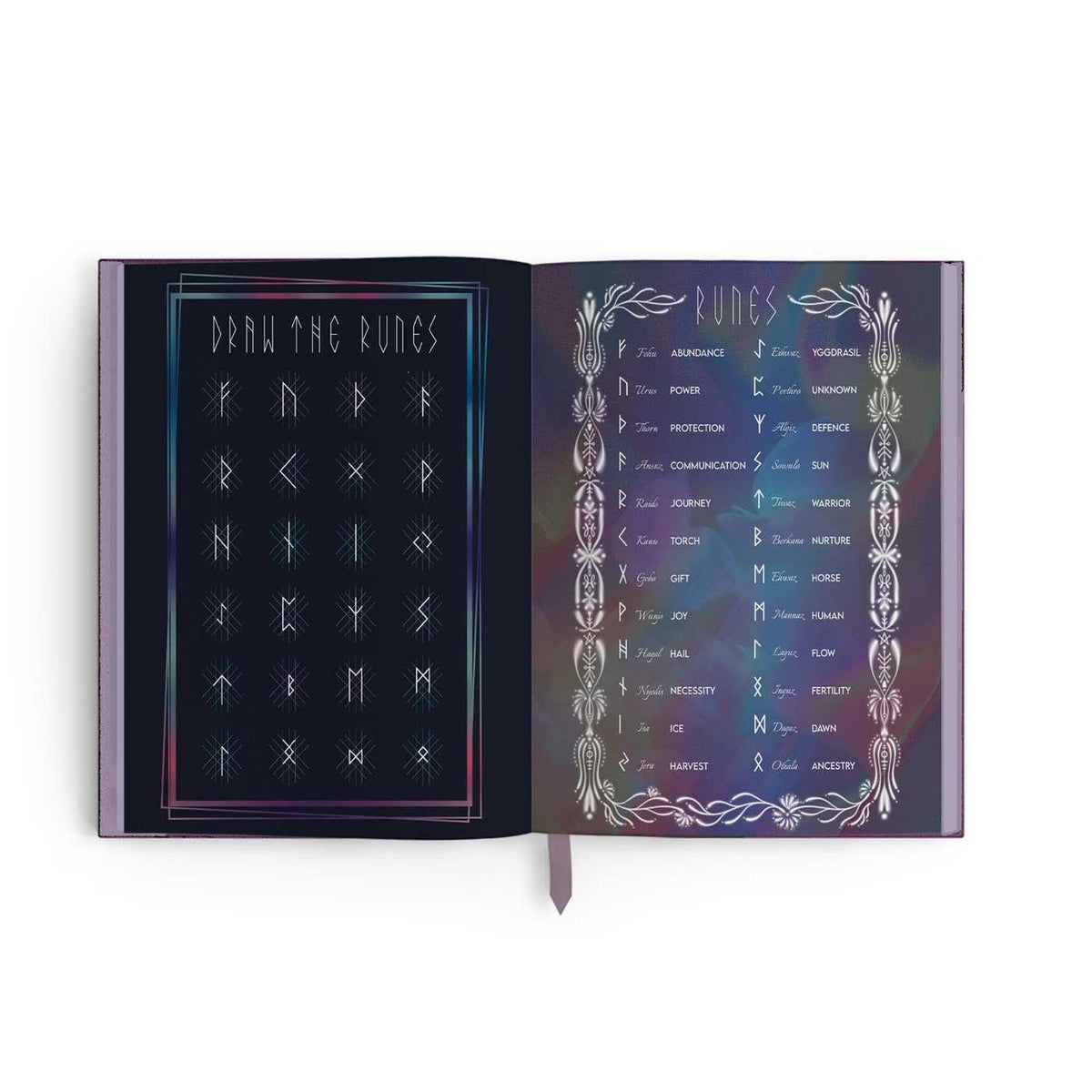 Sample pages from companion book with runes on.
