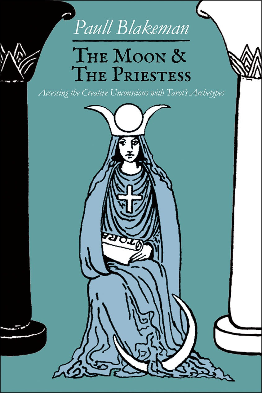Book cover of 'The Moon & The Priestess' by Panill Blakeman with a tarot card-style illustration on a teal background.