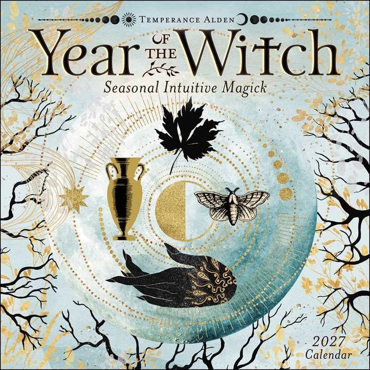 Front cover of the 2027 'Year of the Witch' seasonal intuitive magick calendar by Temperance Alden, featuring a light blue and gold celestial design with black silhouettes of a maple leaf, moth, fish, and bare tree branches.