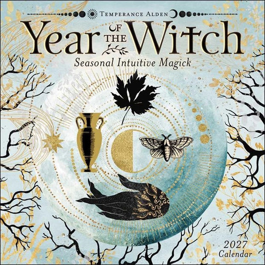 Front cover of the 2027 'Year of the Witch' seasonal intuitive magick calendar by Temperance Alden, featuring a light blue and gold celestial design with black silhouettes of a maple leaf, moth, fish, and bare tree branches.