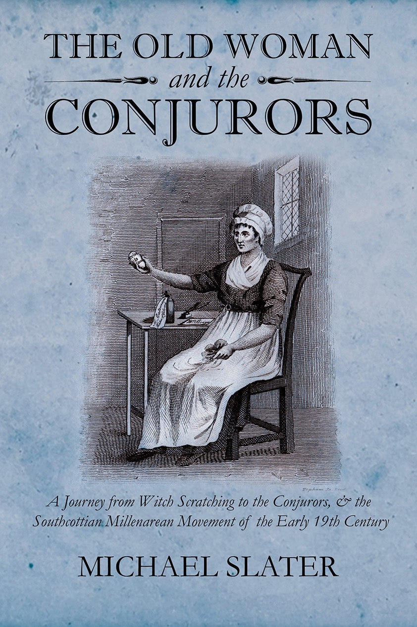 Book cover of 'The Old Woman and the Conjurors' with a woman at a table on a textured blue background.