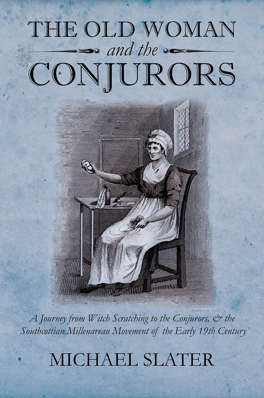 Book cover of 'The Old Woman and the Conjurors' with a woman at a table on a textured blue background.