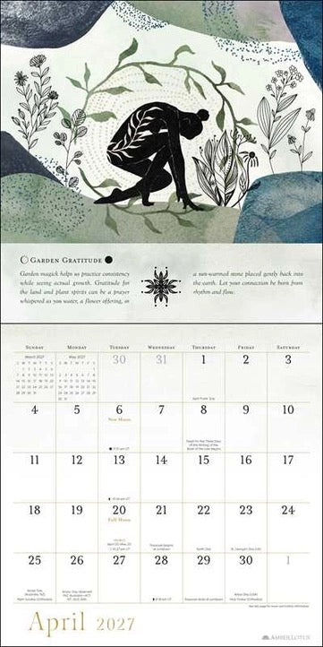 A garden-themed calendar page showing an illustrated scene of a person gardening among plants, with a monthly calendar grid for April 2027 below and the text 'April 2027' at the bottom.