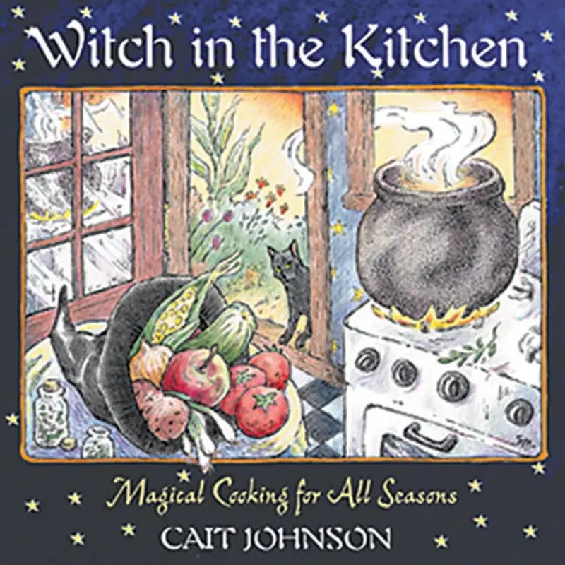 Book cover of 'Witch in the Kitchen' by Cait Johnson with a cauldron and ingredients illustration.