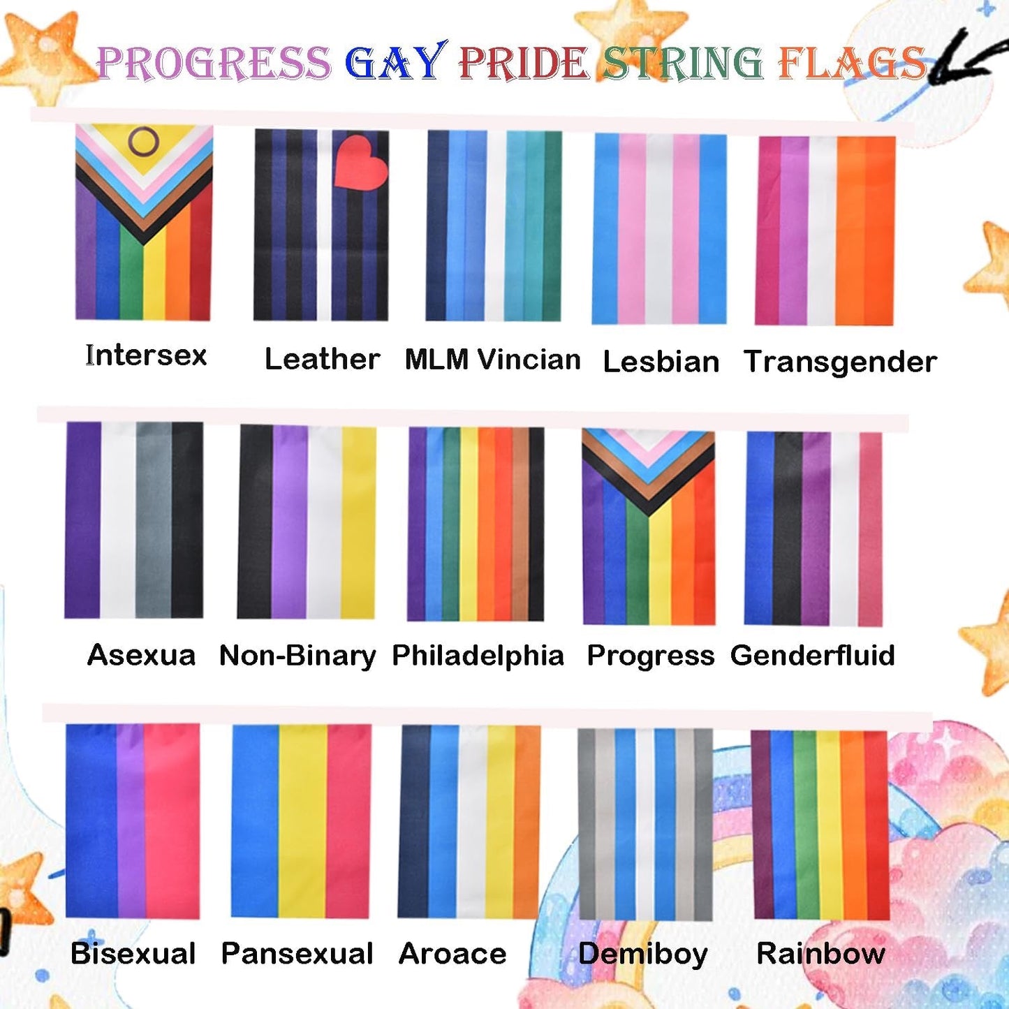Collection of various pride flags with labels on a colorful background.